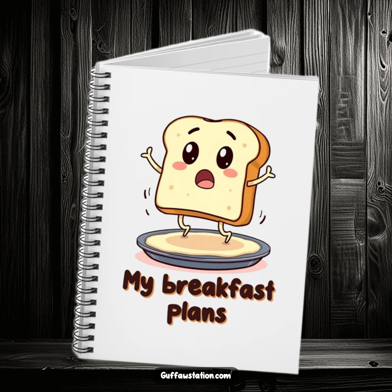 Funny notebook with a surprised toast character with legs hopping onto a buttered pan, perfect for notes.