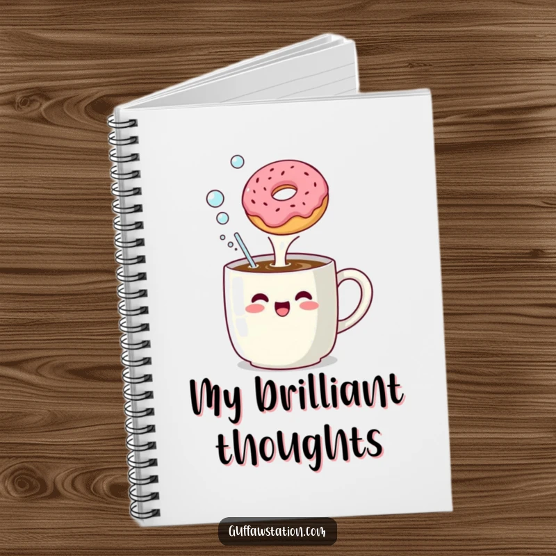 Funny notebook cover with a coffee mug enthusiastically belching bubbles at a floating donut, designed for morning thinkers.
