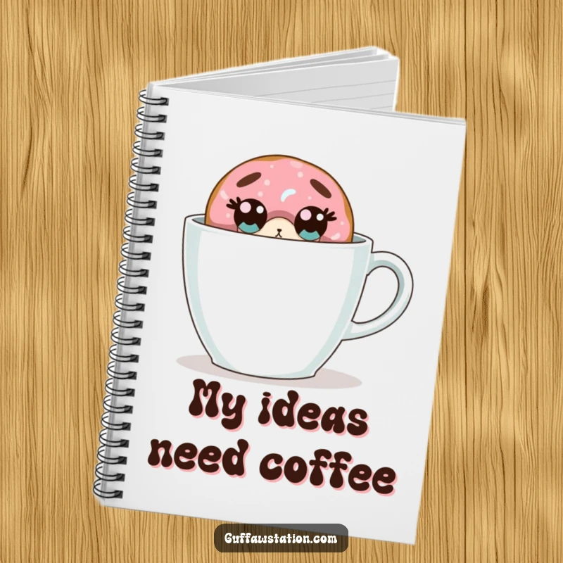 Funny donut notebook shows a surprised donut hiding behind a large coffee cup, ready for your notes and ideas.
