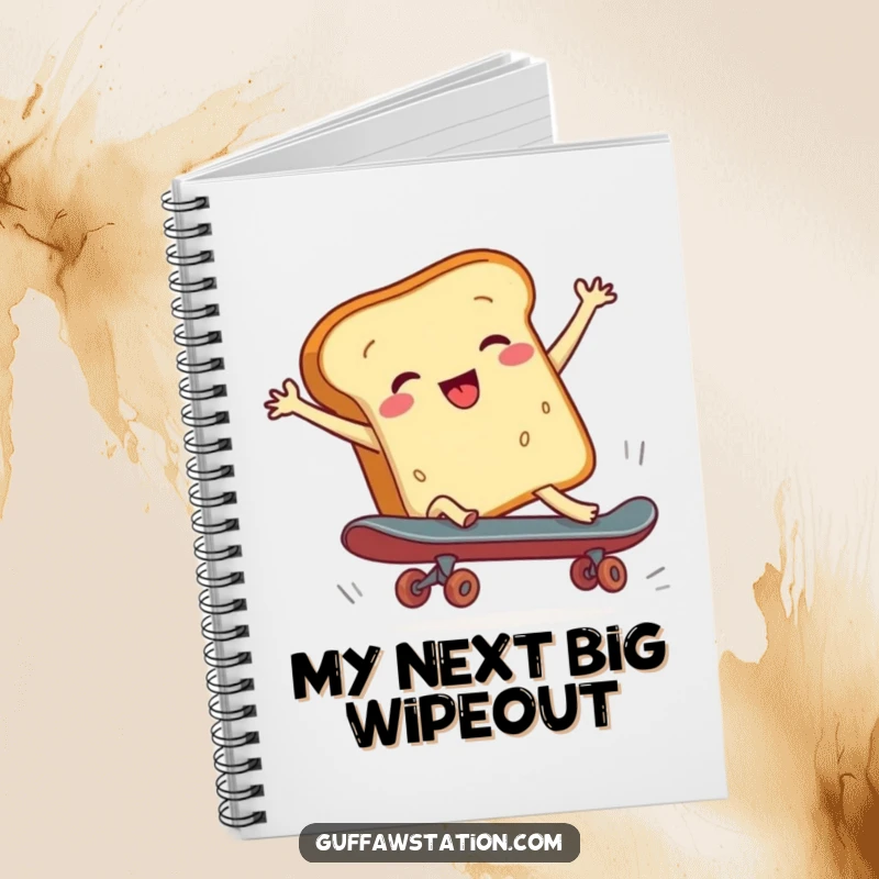 Funny notebook cover with a cartoon of a bread loaf falling off a skateboard, perfect for jotting down humorous thoughts.