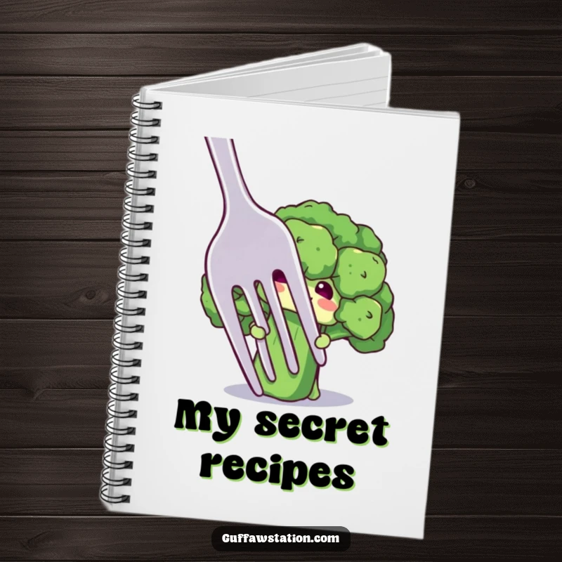 Funny notebook cover with a shy broccoli floret character peeking from behind a giant fork, inspiring gentle and healthy notes.