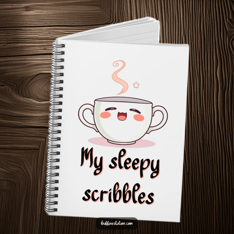 Funny notebook with a sleepy teacup cover, perfect for jotting down notes, recipes, or morning thoughts with humor.