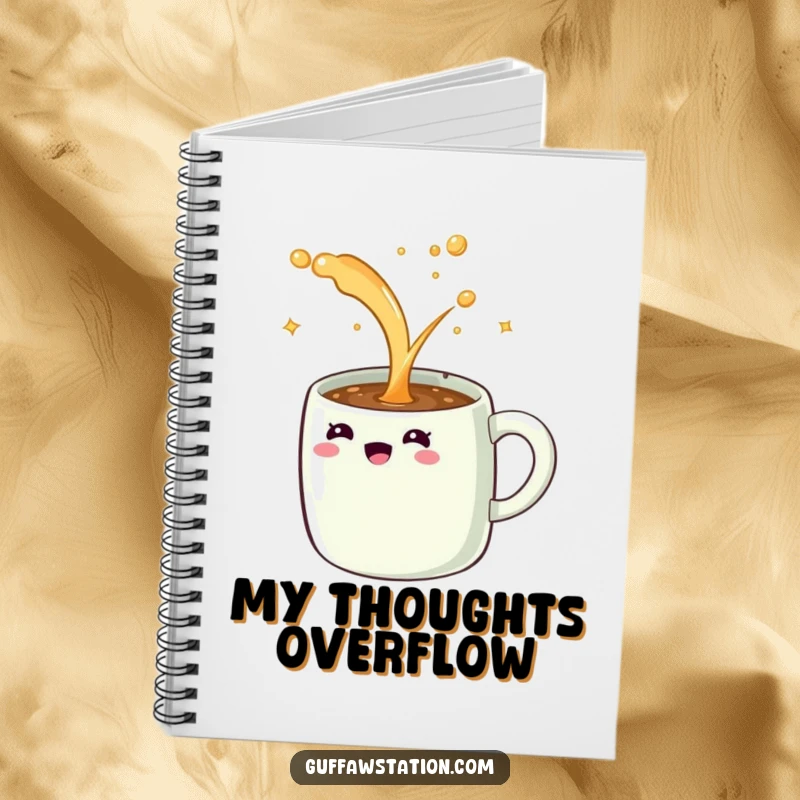 Funny notebook cover with a giggling coffee mug spilling an endless stream of sparkling liquid, perfect for jotting joyful ideas.