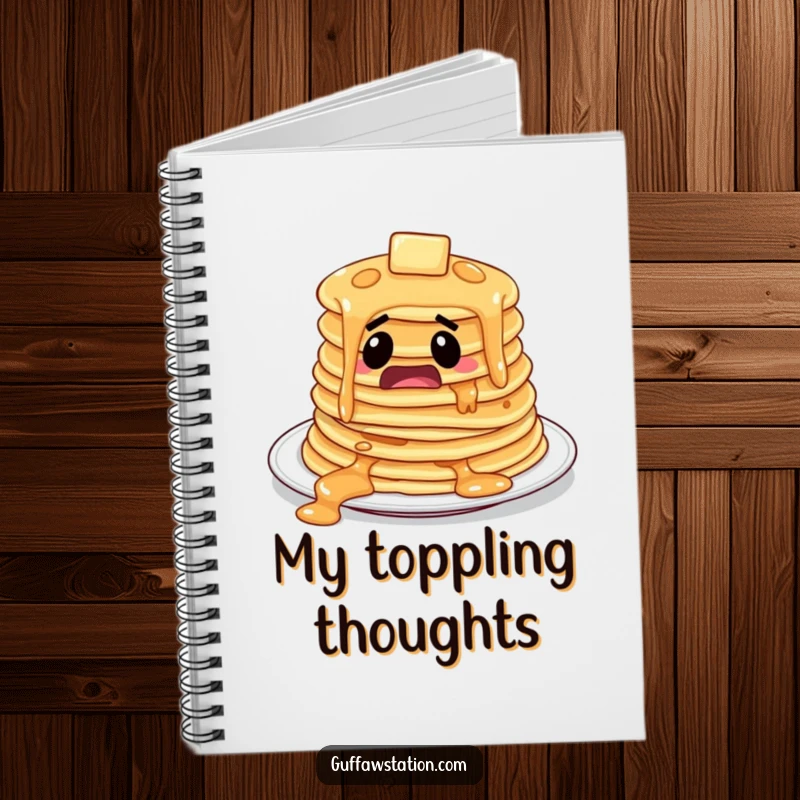 Funny startled pancakes sliding off a plate, featured on the cover of a funny notebook.