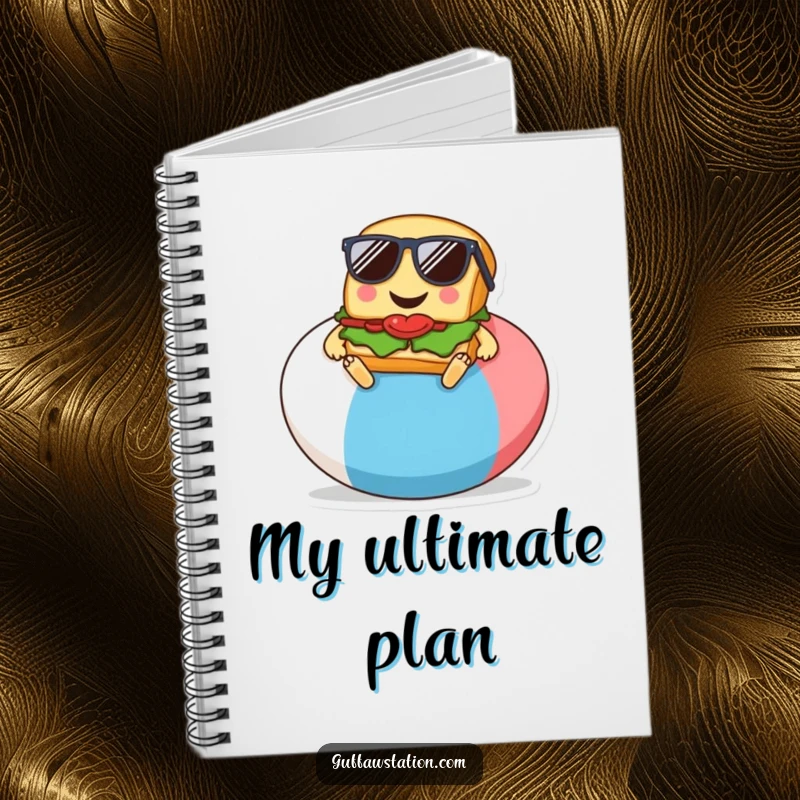 Funny notebook cover with a cartoon of a sandwich relaxing on a beach ball, great for jotting down cool ideas.