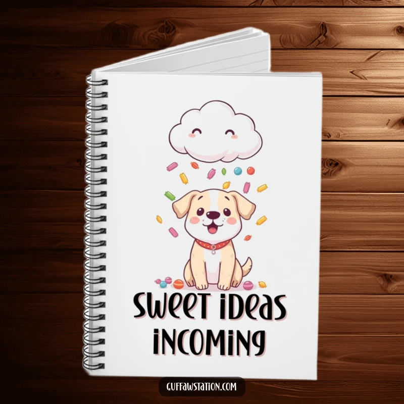 Funny notebook cover with a shy cloud raining colorful candy down on a surprised dog, designed for dreamers.