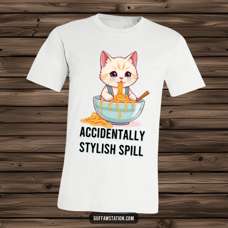 Funny t-shirt featuring a cat in small suspenders creating a massive spaghetti spill, embodying relatable kitchen mishaps.