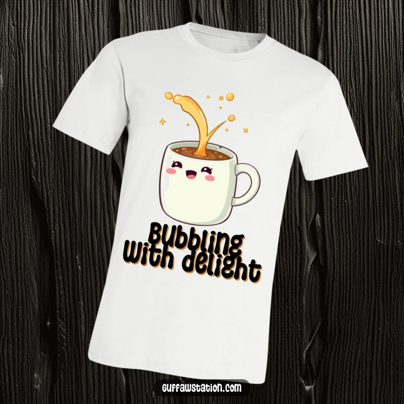 Funny t-shirt showing a giggling coffee mug overflowing with a continuous stream of sparkling liquid, a joyful and chaotic design.