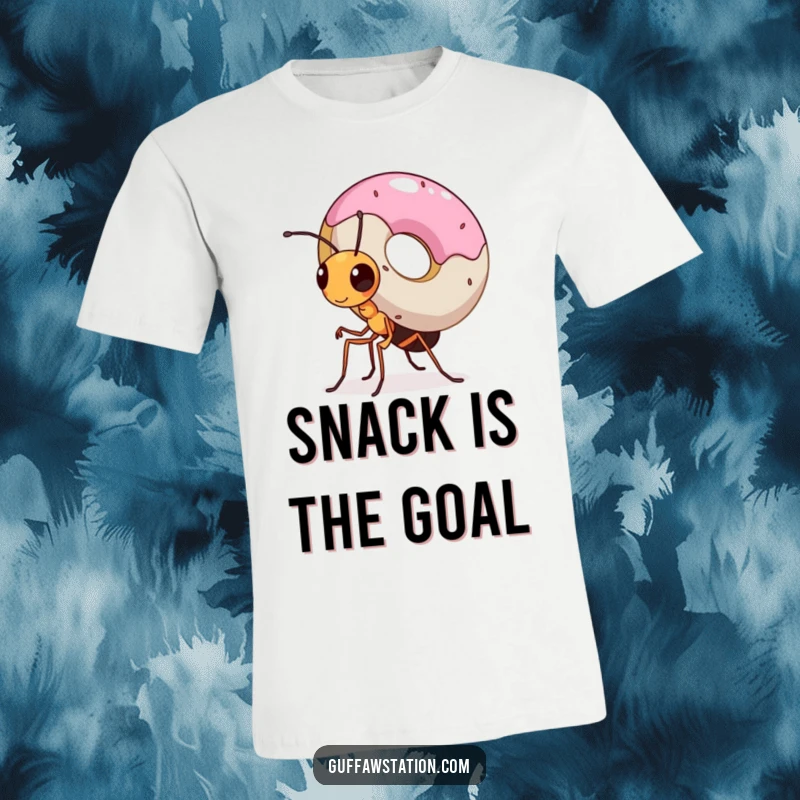 Funny t-shirt featuring a small, incredibly determined ant laboring under the weight of a huge donut, symbolizing immense strength.