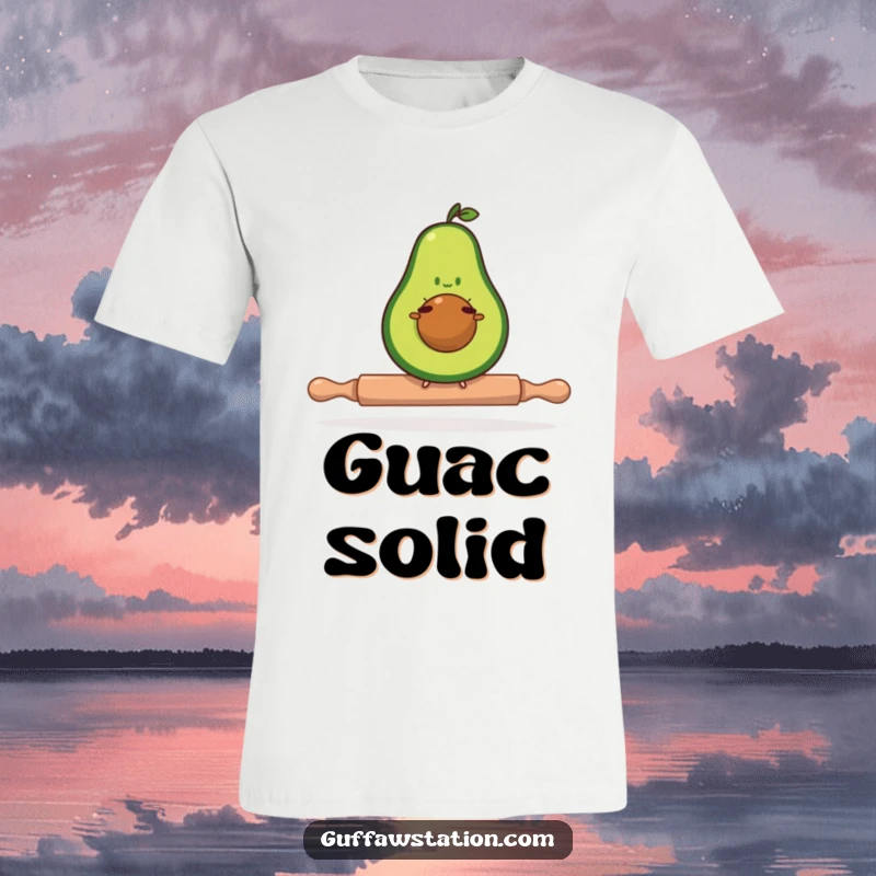 Funny avocado t-shirt depicting a determined avocado balancing on a tiny rolling pin, a humorous and relatable design.