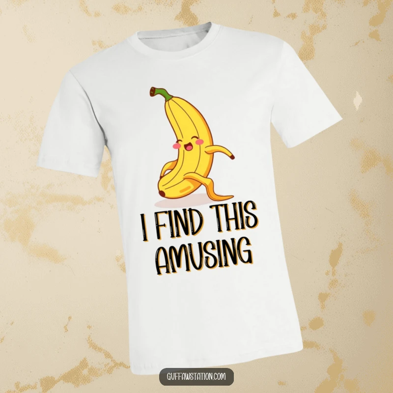 Funny t-shirt showcasing a giggling banana comically slipping on a banana peel, showing extreme exaggerated movements and a surprised face.