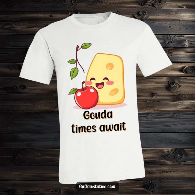 Funny t-shirt with a smiling cheese slice leaping to catch a falling apple, embracing the comical absurdity of the situation.