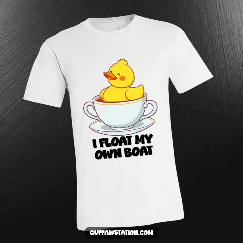 Funny confused rubber duck swimming in a giant teacup, showcasing a humorous and relatable design.