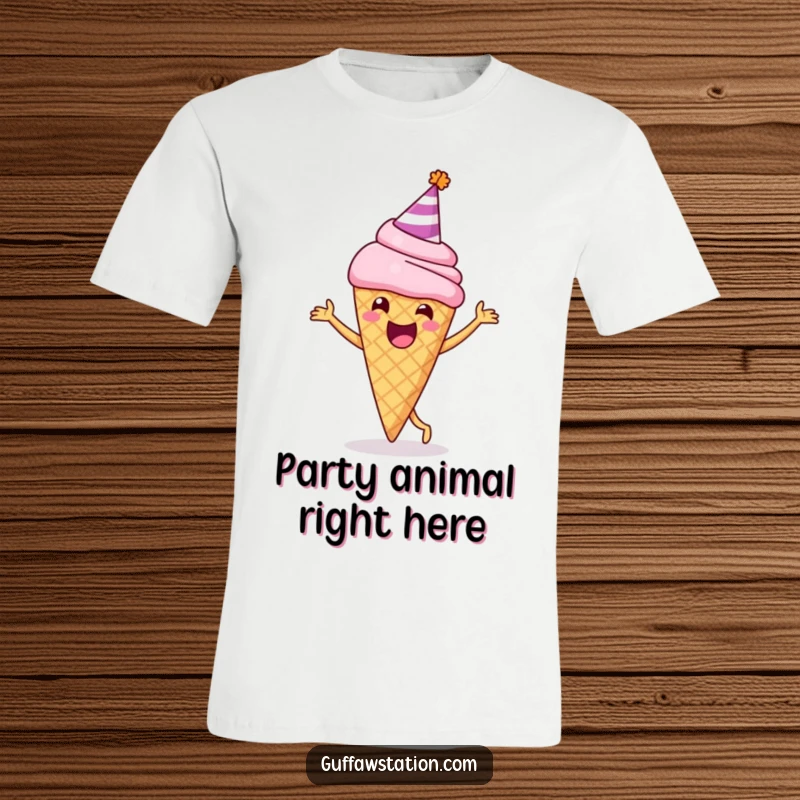 Funny t-shirt of a delighted ice cream cone in a party hat, happily doing a dance, embodying festive dessert fun.