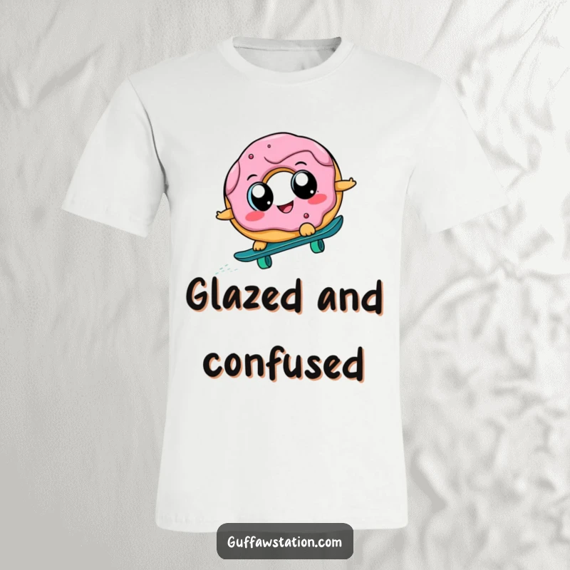 Funny cheerful donut with big eyes attempting to skateboard downhill, captured in a moment of hilarious action, on a comfortable graphic tee.