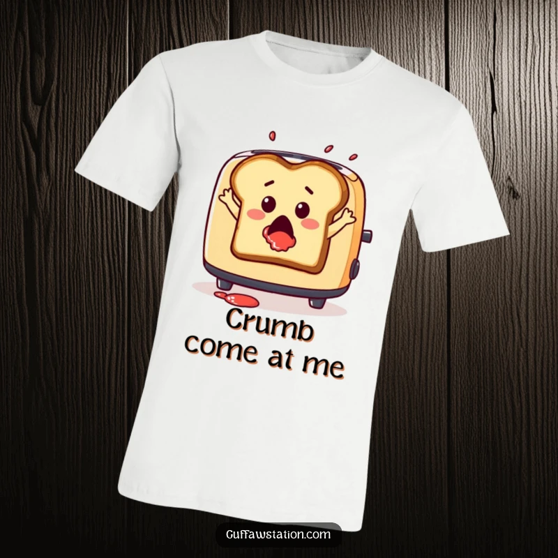 Funny t-shirt depicting a surprised slice of toast leaping from a toaster with jam splatter, a humorous food design.