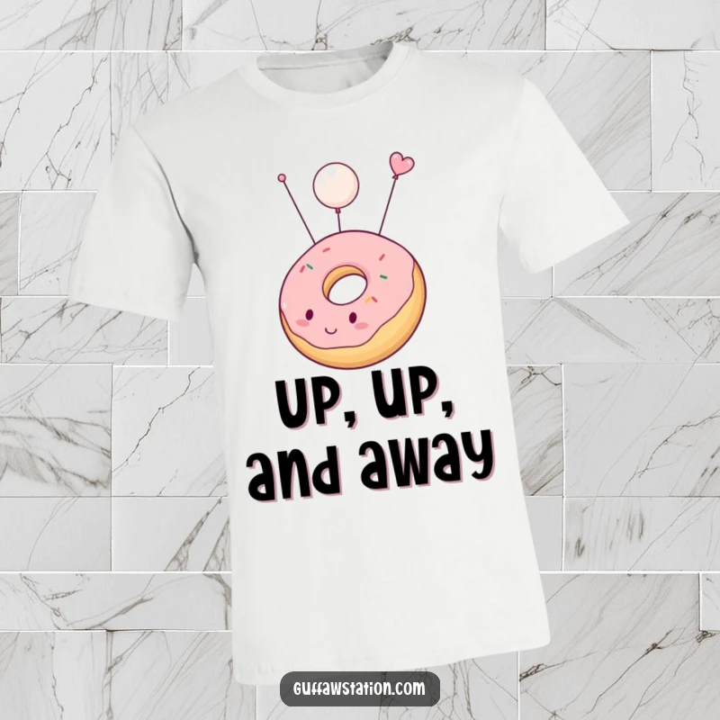 Funny t-shirt featuring a chubby donut accidentally inflating and floating gently upwards, a humorous and edible graphic tee.