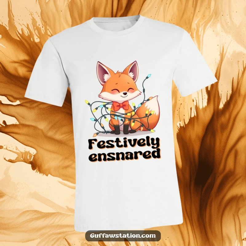 Funny t-shirt with a dapper fox in a bowtie comically tangled in a large string of bright holiday lights, a festive mishap.