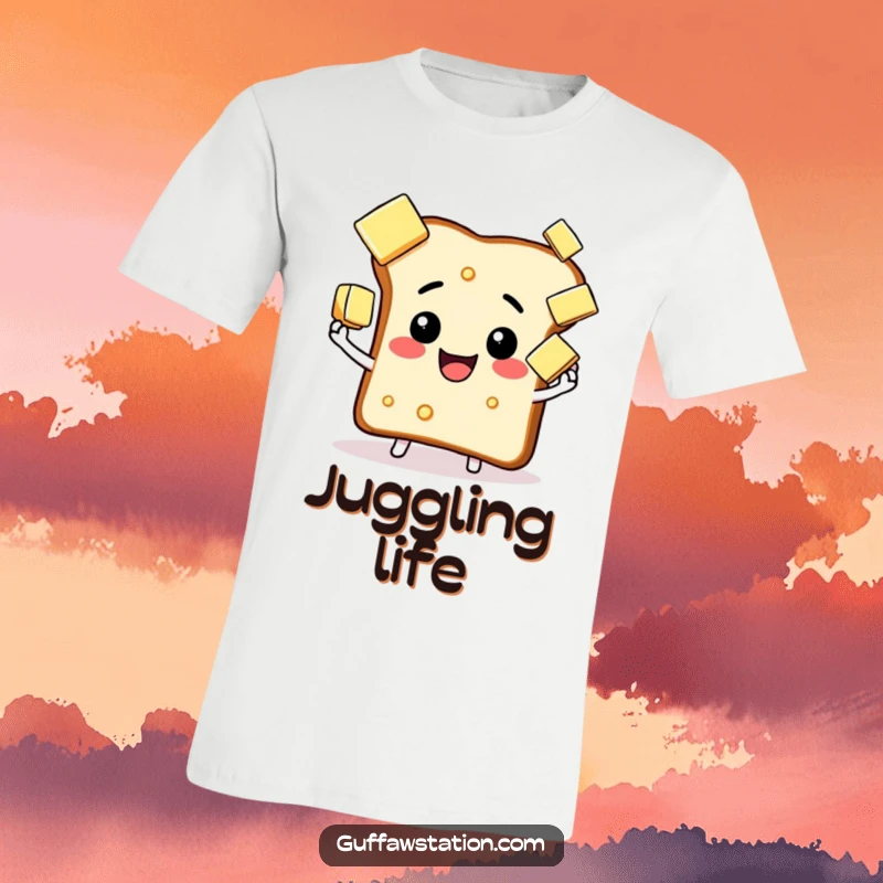 Funny happy toast t-shirt, focused on juggling butter pats, showcasing a delightful breakfast theme.