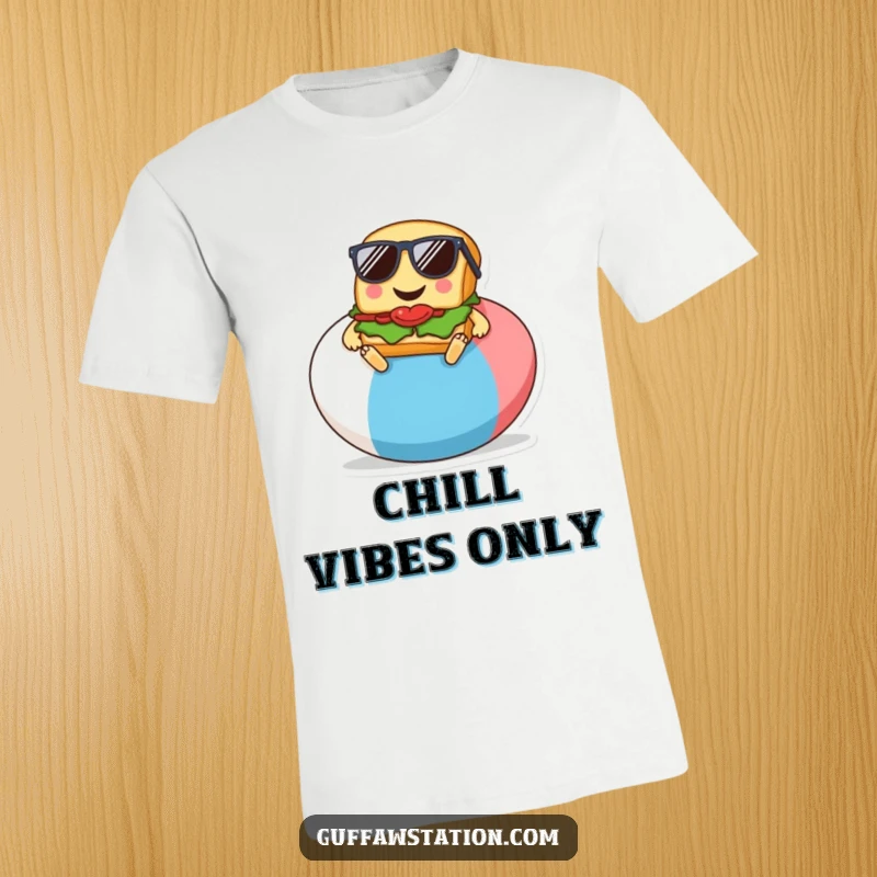 Funny t-shirt graphic of a smiling sandwich wearing sunglasses, relaxing on a giant beach ball, a cool cartoon.