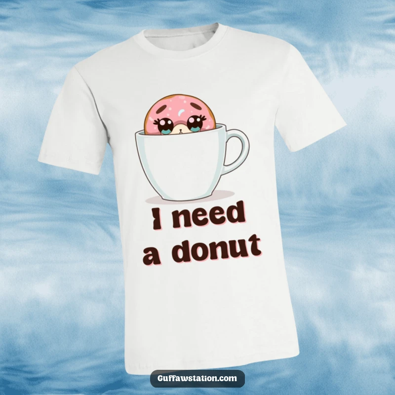 Funny donut t-shirt features a wide-eyed donut hiding behind a massive coffee cup, expressing comical shock and playfulness.