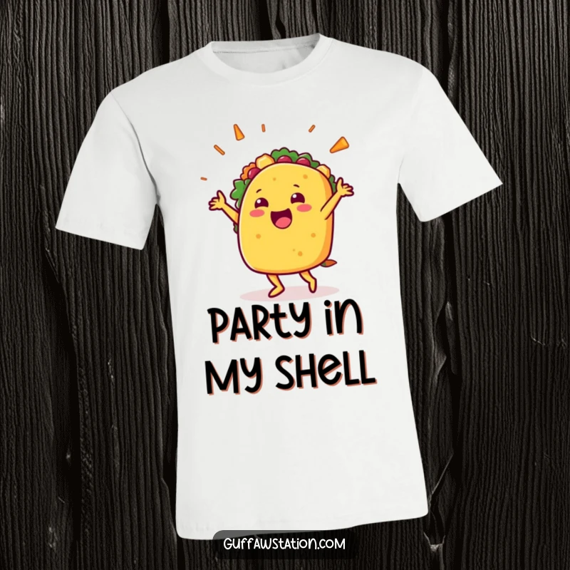 Funny t-shirt depicting a joyful taco character dancing energetically with its filling erupting, celebrating good times and great food.