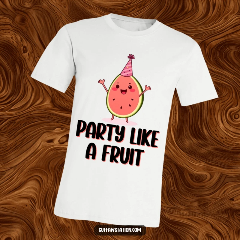 Funny watermelon dance t-shirt shows a slice wearing a party hat, joyfully grooving to an unseen beat.