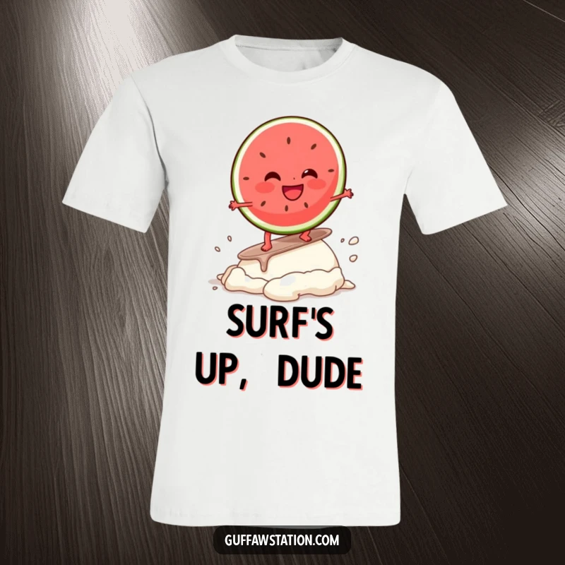 Funny t-shirt showcasing a happy watermelon slice character hilariously surfing on a melting ice cream scoop, designed for summer laughs.