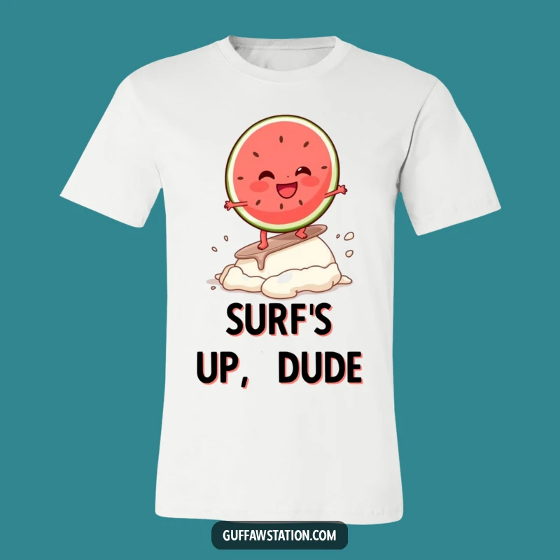 Funny Watermelon Surf T-Shirt: Giggling Fruit Character Riding Melty Ice Cream, Awesome Funny Gift!