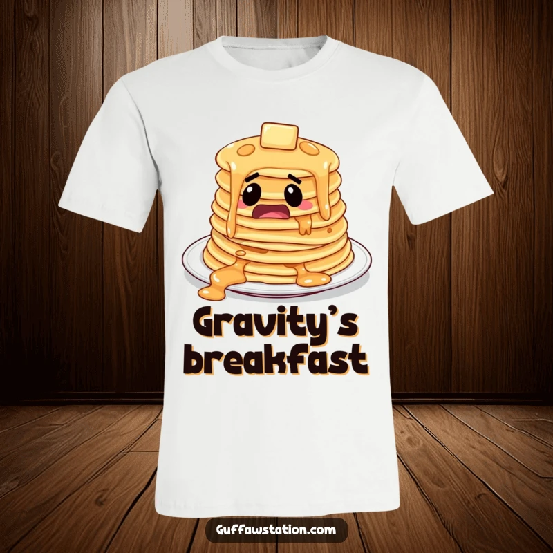 Funny pile of startled pancakes comically sliding off a plate, featured on a humorous funny t-shirt.