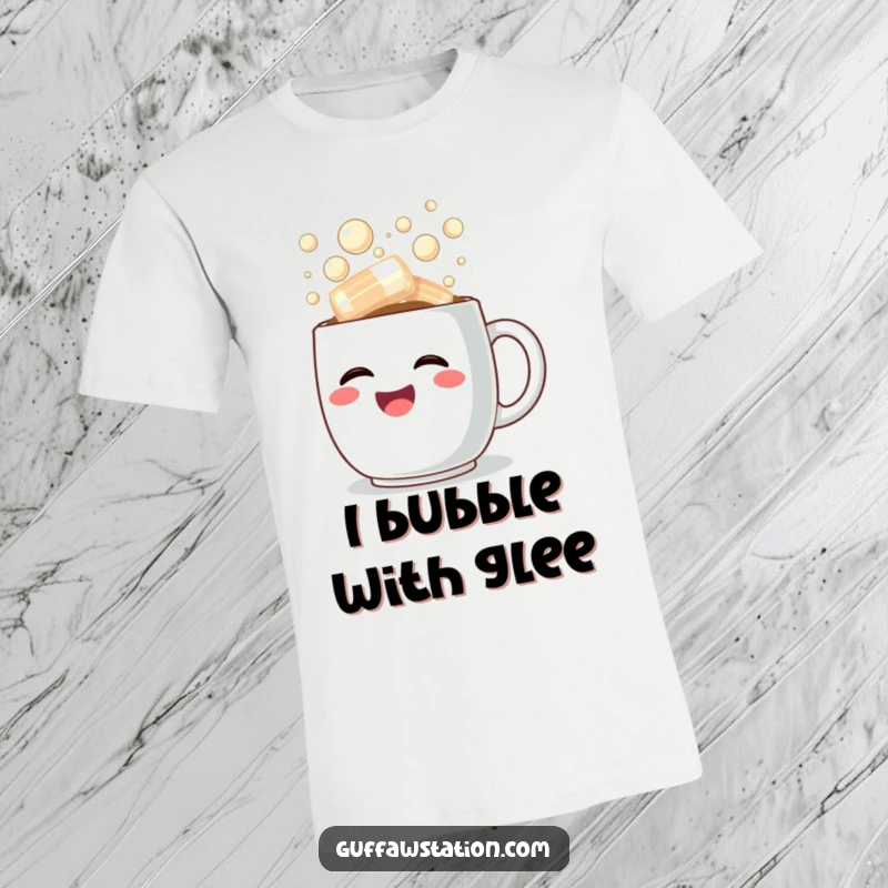 Funny t-shirt with a happy coffee cup overflowing with steaming, bubbly laughter, perfect for coffee and humor lovers.