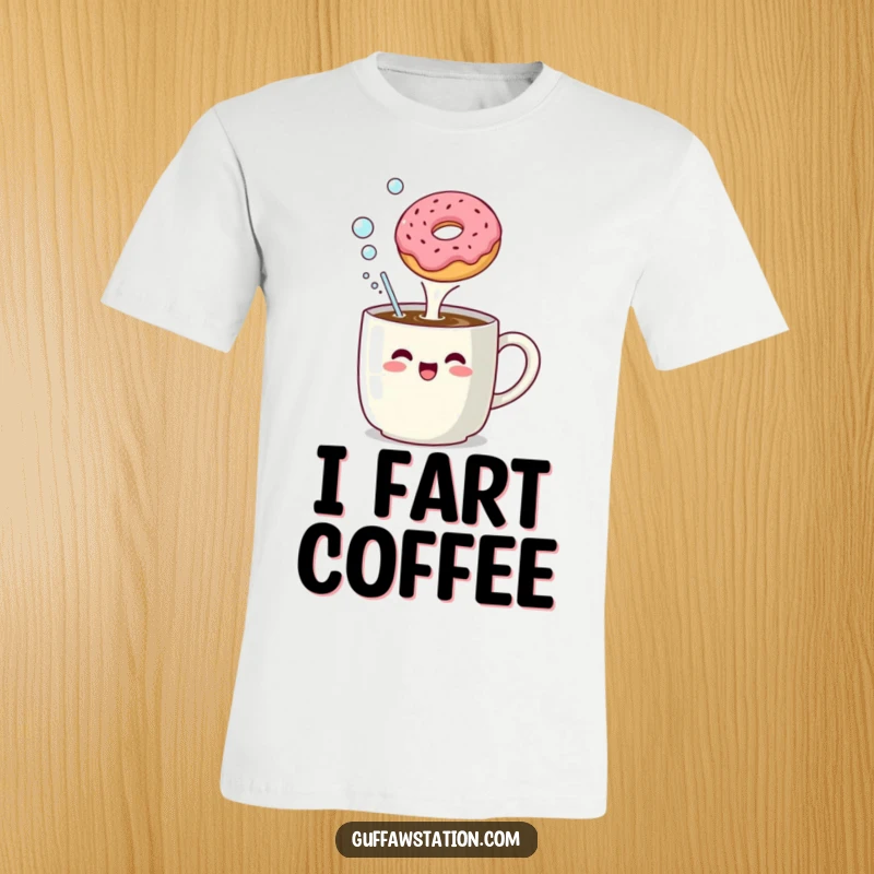 Funny t-shirt depicting a coffee mug enthusiastically belching bubbles towards a surprised, floating donut.