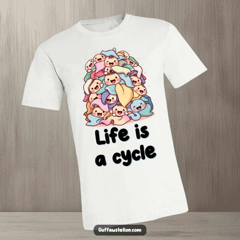 Funny laundry t-shirt design of a tumbling pile of clothes with expressive happy faces, symbolizing the cheerful side of chores.