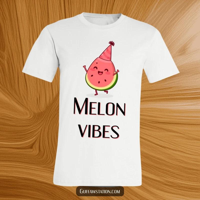 Funny watermelon t-shirt featuring a happy slice wearing a party hat and dancing, a vibrant and fun summer design.