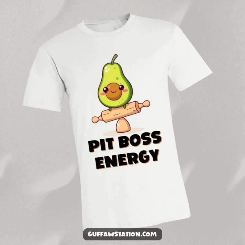 Funny determined avocado character balancing precariously on a tiny rolling pin on a t-shirt, showing humorous perseverance.