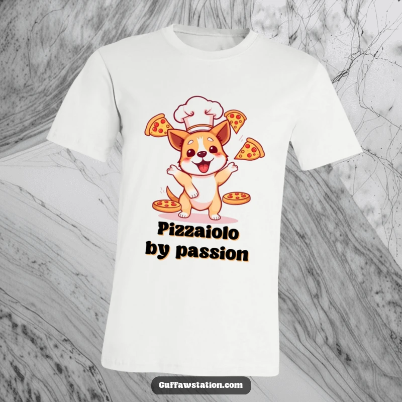 Funny dog wearing a chef hat attempting to juggle three flying pizzas on a t-shirt, showcasing food-themed humor.