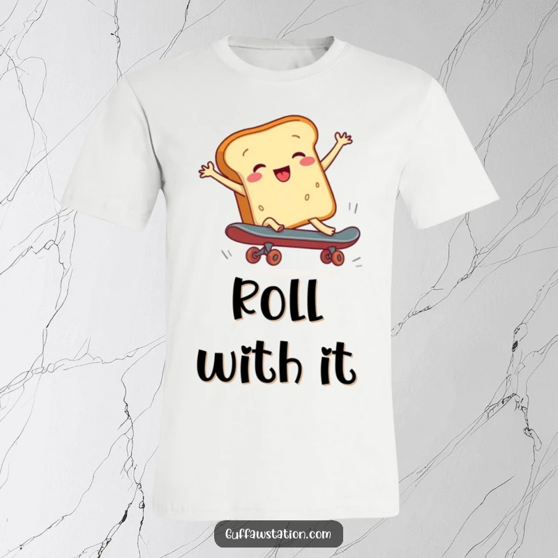 Funny t-shirt graphic of a cheerful bread loaf falling off a skateboard, a humorous cartoon depiction of a failed attempt.