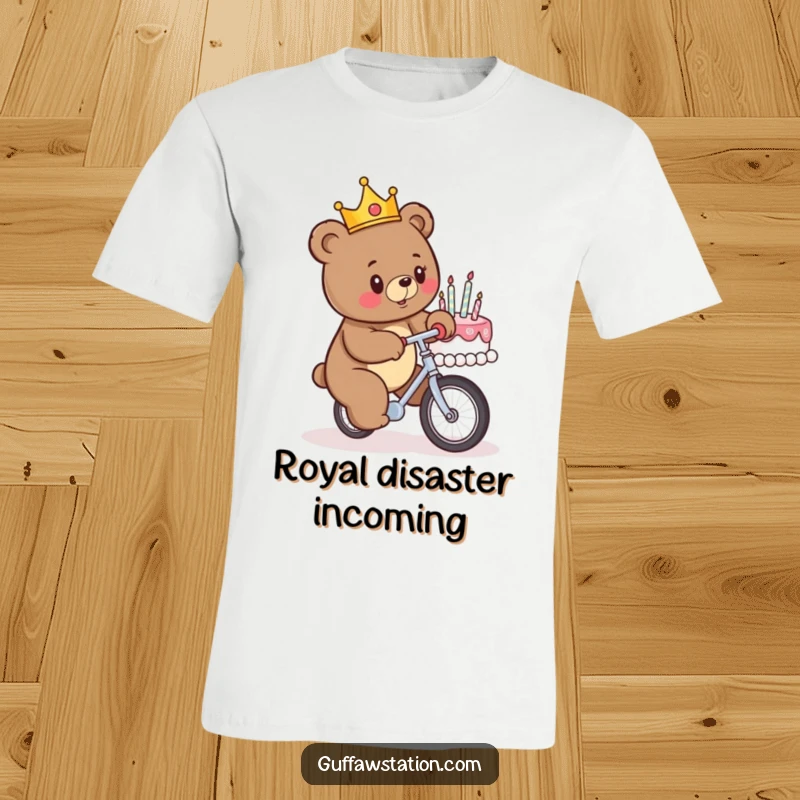 Funny t-shirt depicting a bear with a crown riding a unicycle into a birthday cake, showcasing a moment of pure, hilarious pandemonium.