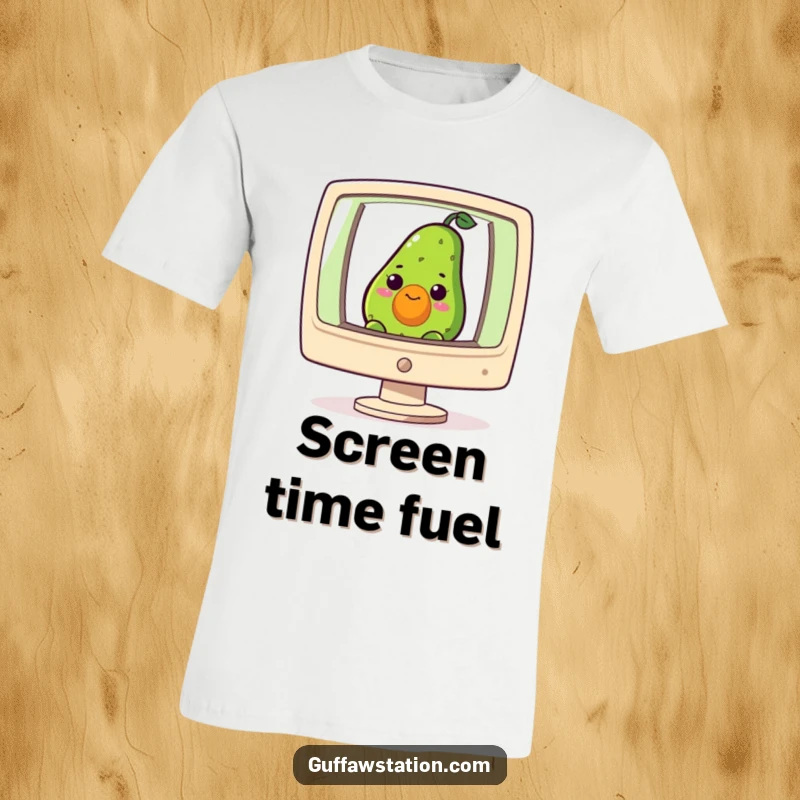 Funny t-shirt with a curious avocado peeking from a giant computer screen, a humorous take on digital life.