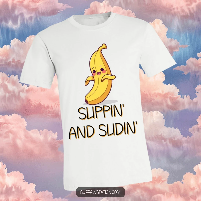 Funny t-shirt featuring a clumsy banana that peels itself and then hilariously slips on its own peel, pure slapstick comedy.