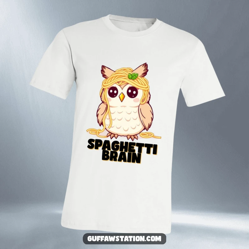Funny t-shirt featuring a cute owl covered in spaghetti, looking bewildered but happy, ideal for pasta enthusiasts and bird lovers.