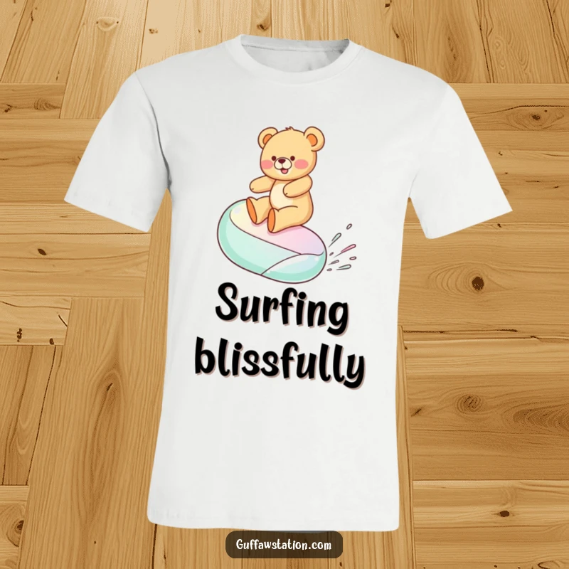 Funny t-shirt with a teddy bear gleefully surfing a giant jelly bean, showcasing a scene of pure, sugary delight and excitement.