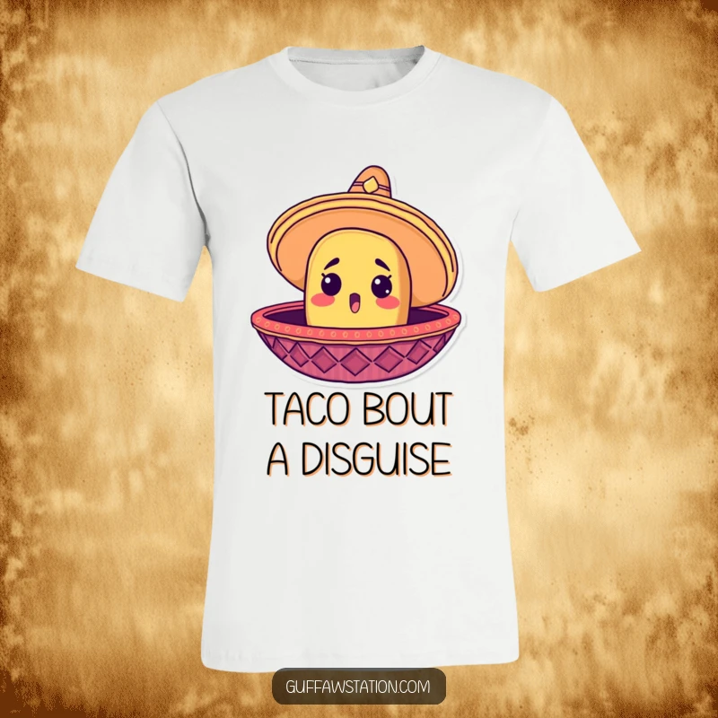 Funny t-shirt depicting a surprised taco head peeking out from a large sombrero, embodying festive vibes.