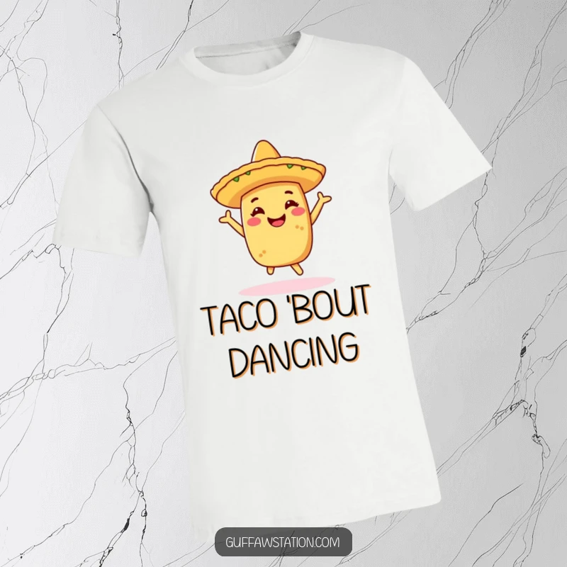 Funny t-shirt featuring a cheerful taco in a sombrero, enthusiastically doing a celebratory dance, ideal for party lovers and foodies.