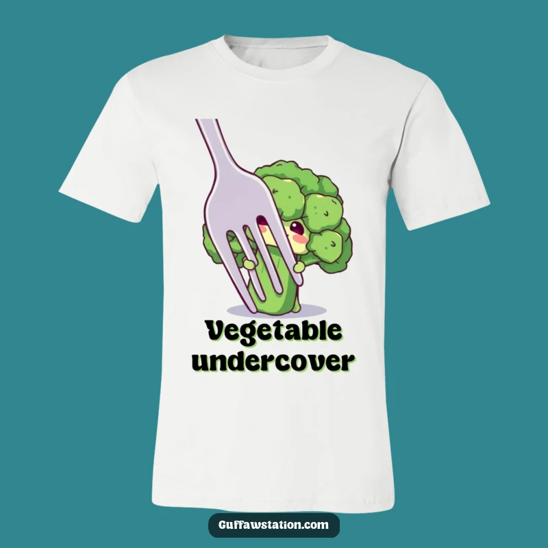 Funny Broccoli Tee: Shy Floret Peek, Giant Fork Graphic Shirt