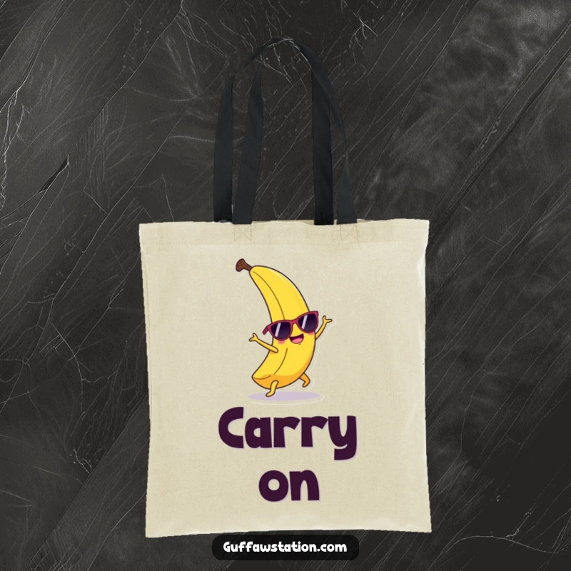 Funny happy banana wearing sunglasses, performing a cartwheel, on a durable and funny tote bag.