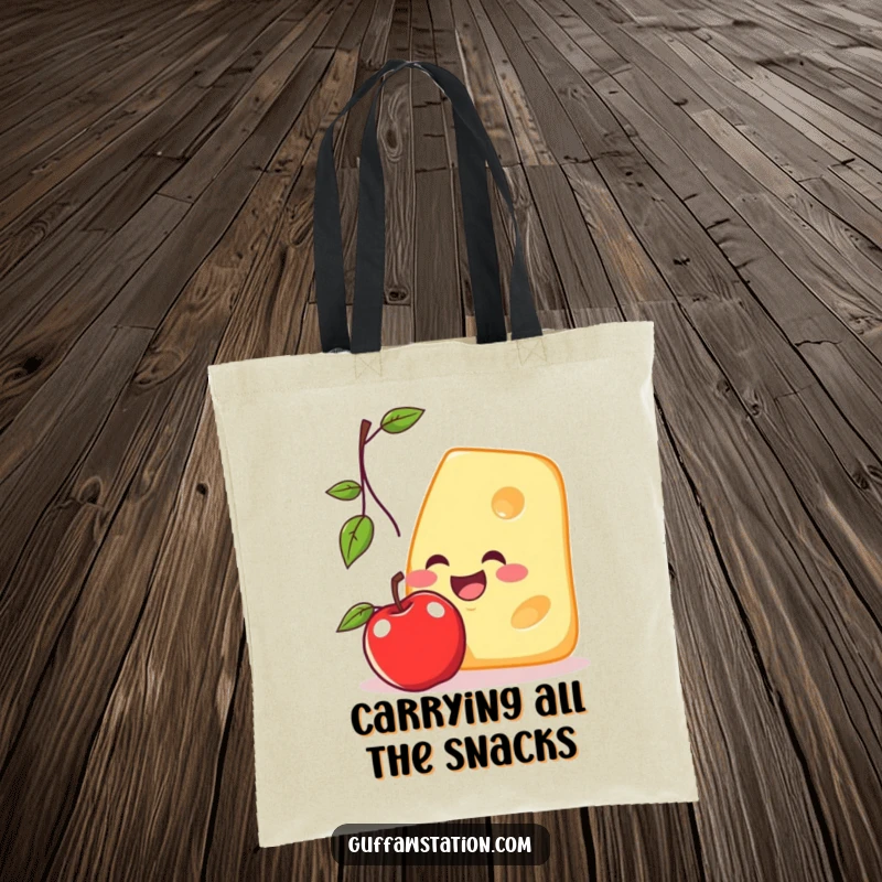 Funny tote bag illustrating a smiling cheese slice with outstretched arms, trying to intercept a falling apple in a comical pursuit.