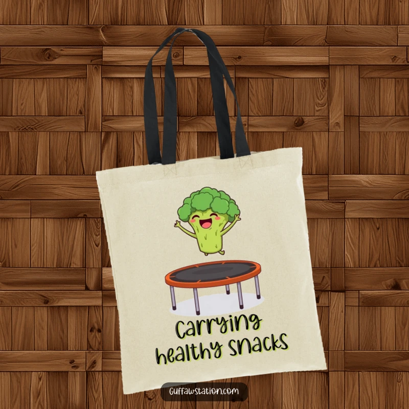 Funny tote bag with a giggling broccoli launching itself from a trampoline into the air, perfect for grocery shopping.