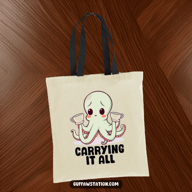 Funny octopus character looking surprised, adorned with teacups, on a durable and funny tote bag.