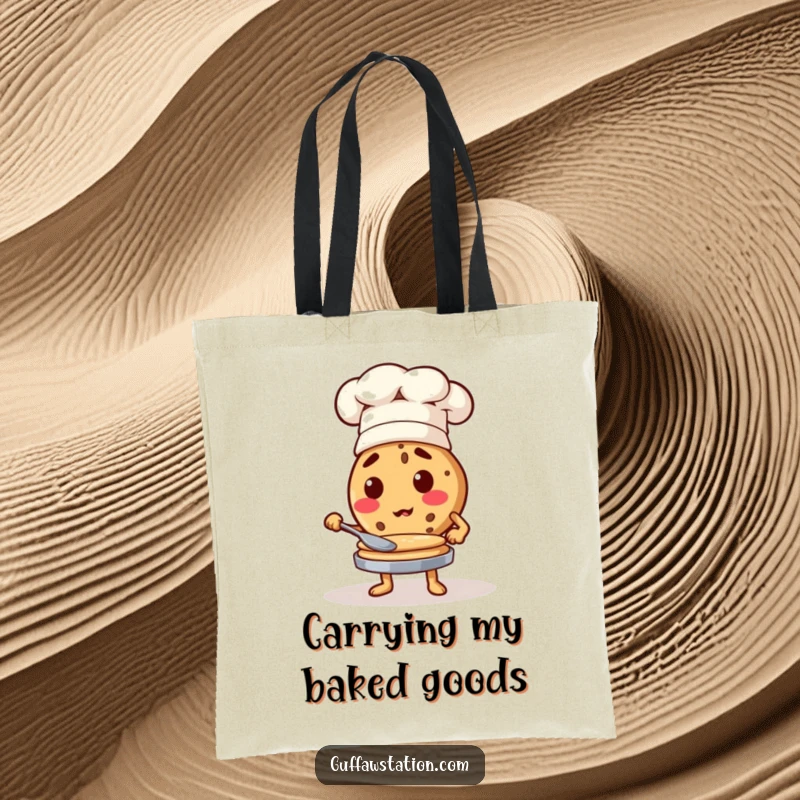 Funny cookie chef character flipping pancakes, a humorous and practical tote bag for foodies.